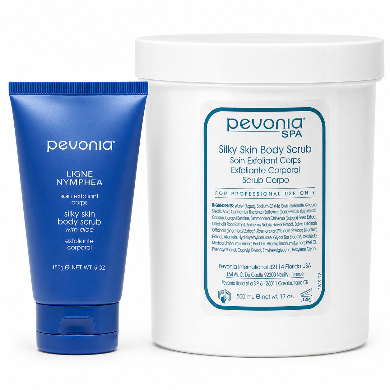 Pevonia Silky Skin Body Scrub retail and professional variant image for gentle body exfoliation, helping smooth, soften and brighten skin for a radiant glow.