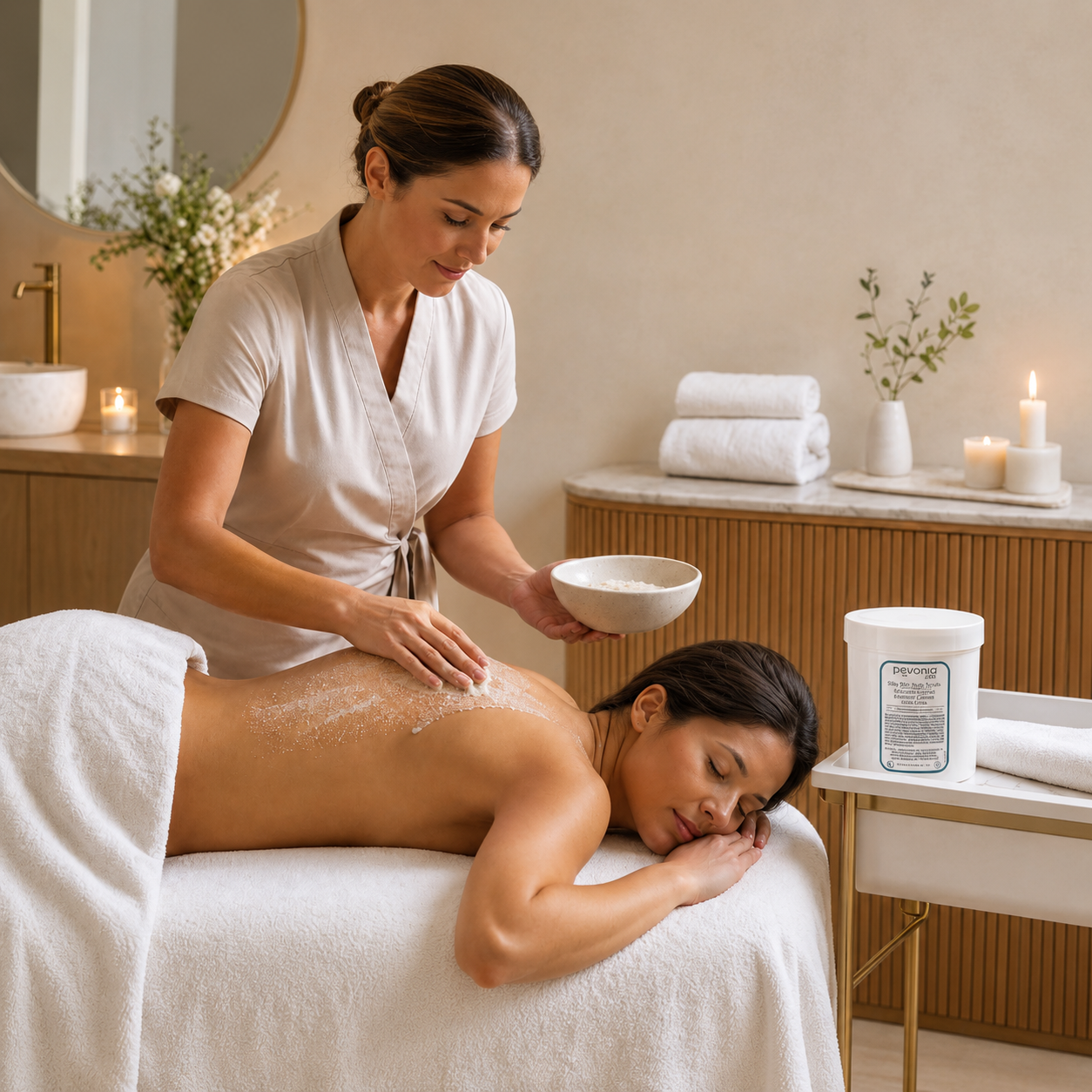 Pevonia Silky Skin Body Scrub applied during a professional spa body treatment in a warm treatment room setting.