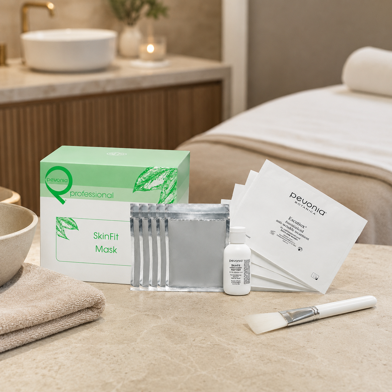 Pevonia SkinFit Mask Treatment 5 pack displayed in an upmarket beauty clinic treatment room with unbranded mask treatment accessories.