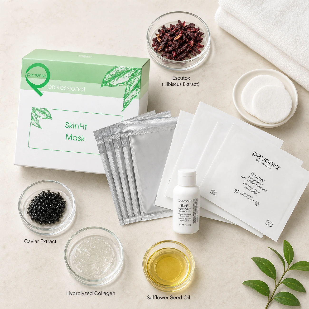 Pevonia SkinFit Mask Treatment ingredients flatlay with Escutox hibiscus extract, caviar extract, hydrolyzed collagen, and safflower seed oil in clean glass petri dishes for professional B2B education.