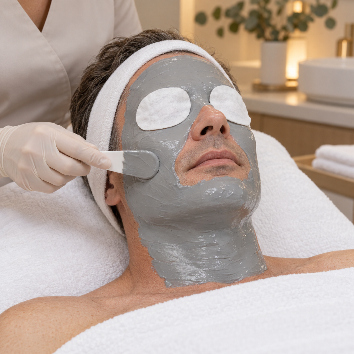Illustrative grey peel-off mask application on a male client, with cotton pads protecting eyes and eyebrows.