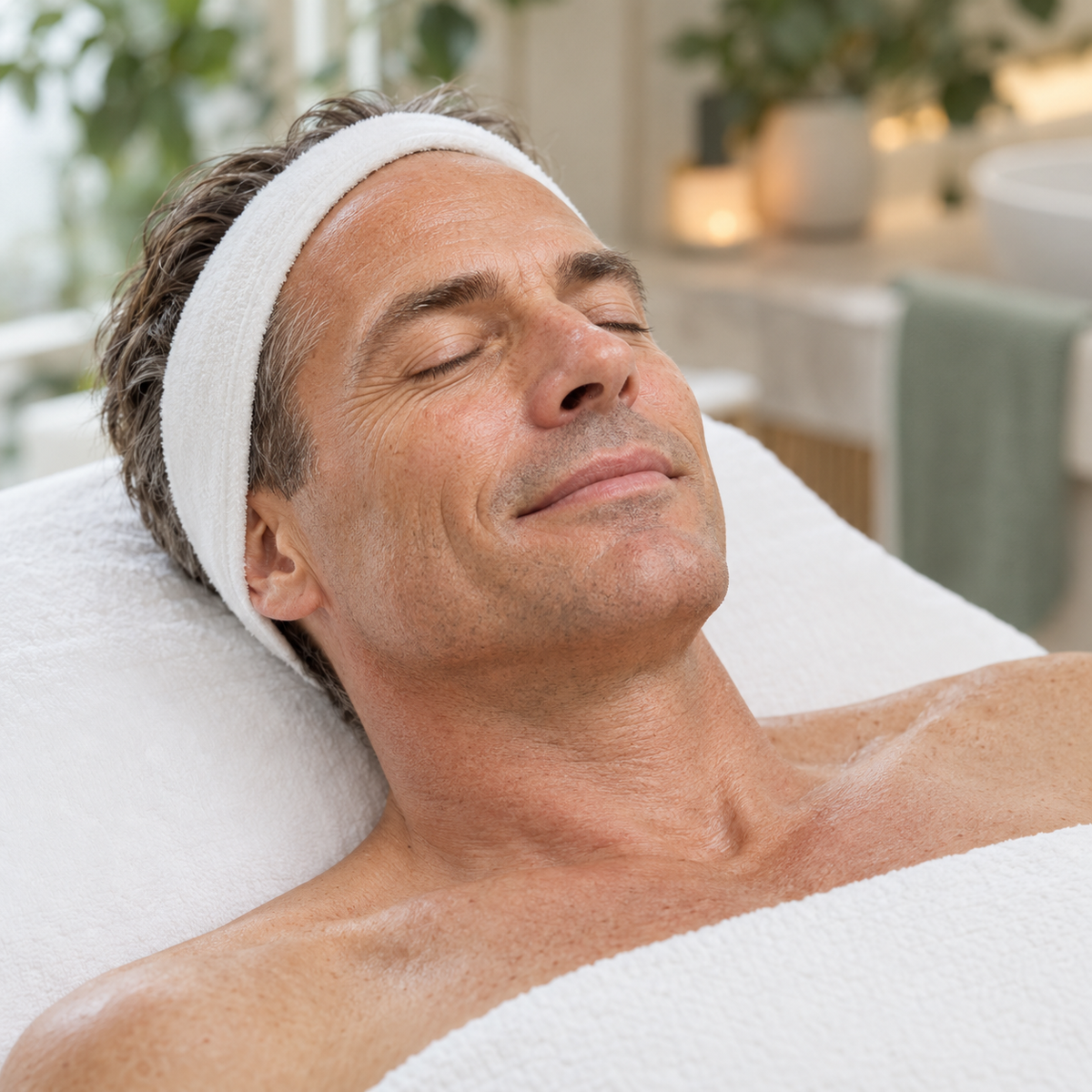 Male client resting on a treatment bed in a professional facial setting.