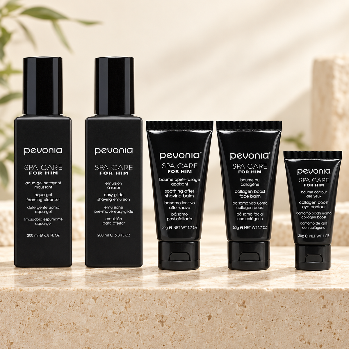 Pevonia men's homecare selection: Aqua-Gel cleanser, Easy-Glide shaving emulsion, Soothing After Shaving Balm, Collagen Boost Face Balm and Eye Contour.