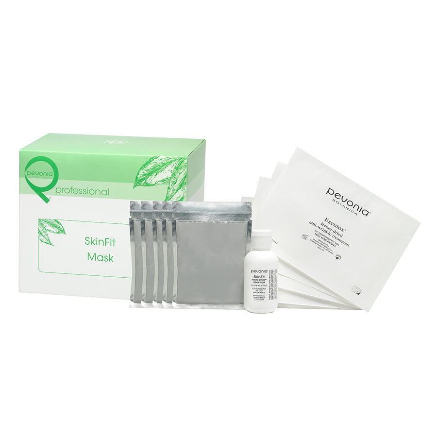 Pevonia SkinFit Mask five-treatment box with Escutox sachets, powder-mask pouches and SkinFit Repair Mask.