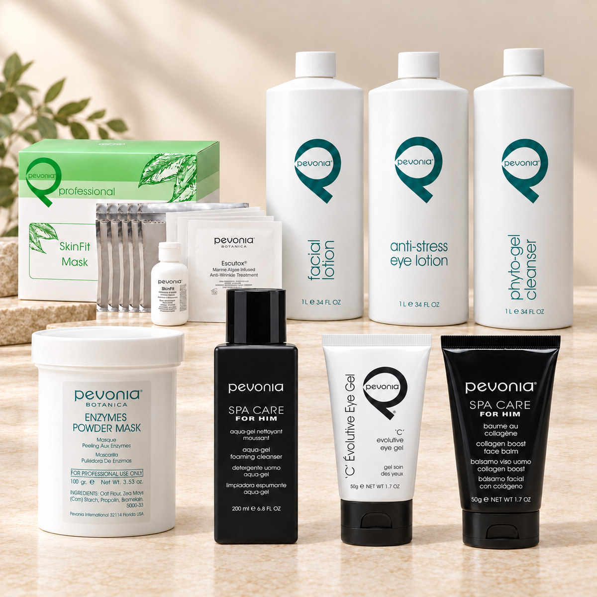 Illustrative arrangement of the eight-product Pevonia SkinFit Facial for Men package, including Enzymes Powder Mask and professional Phyto-Gel Cleanser.
