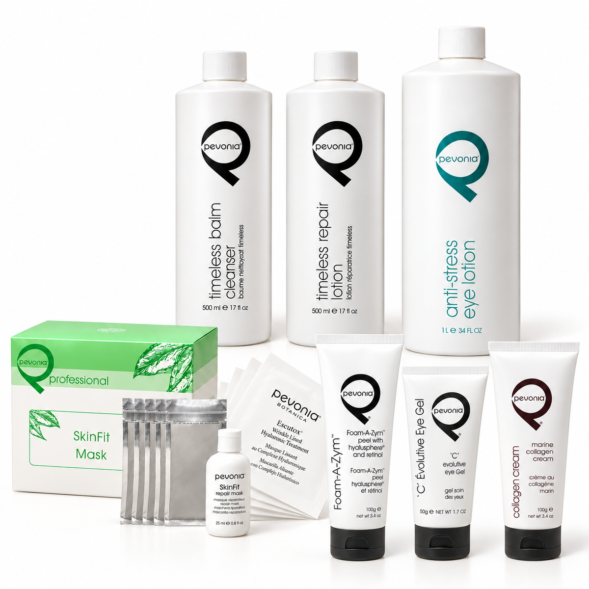 Illustrative seven-product SkinFit professional package: MyOxy Caviar cleanser and lotion, Anti-Stress Eye Lotion, Foam-A-Zym Peel, C Évolutive Eye Gel, Marine Collagen Cream and SkinFit five-treatment box.