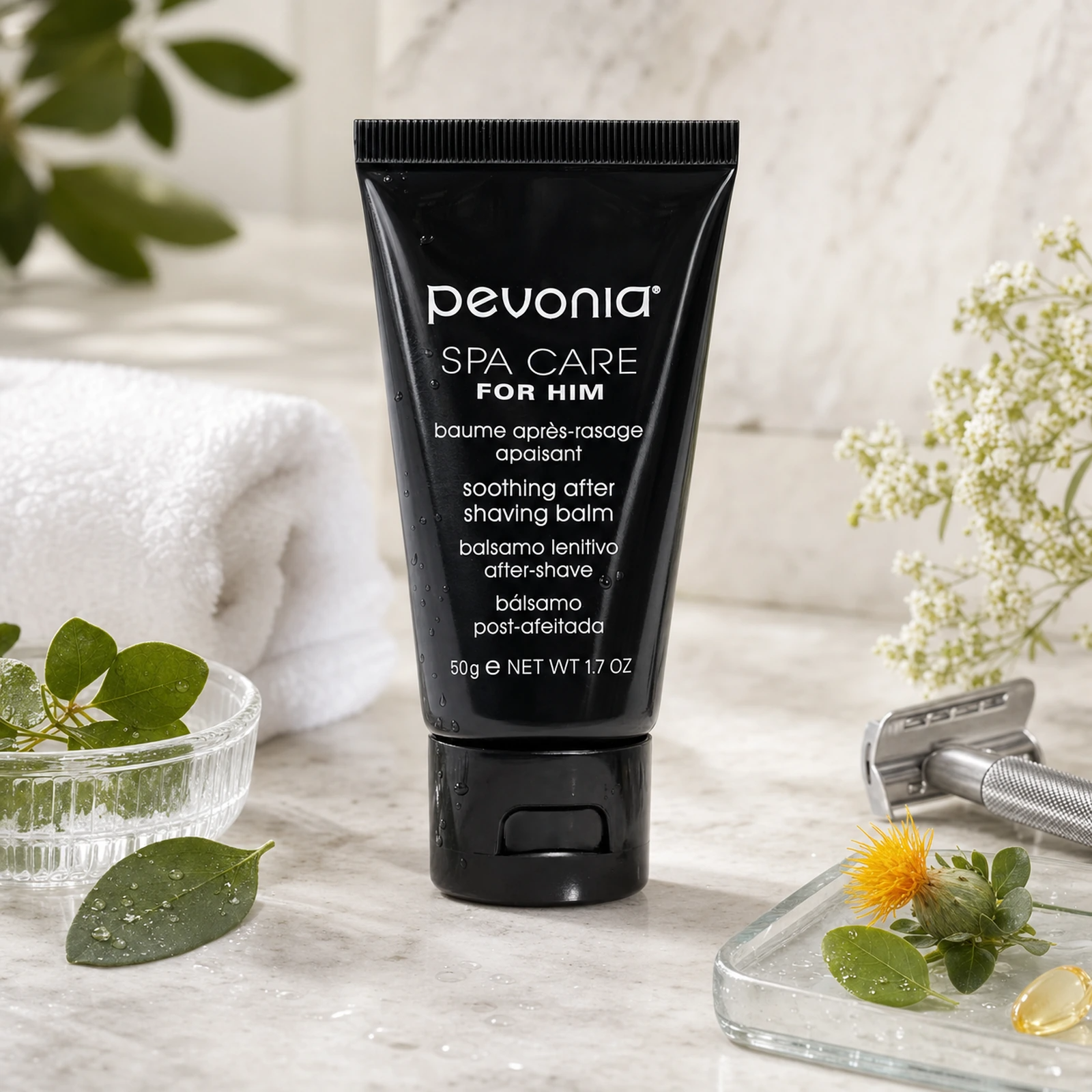 Pevonia Soothing After Shaving Balm 50ml on a luxury bathroom vanity for post-shave redness, razor burn and sensitive skin