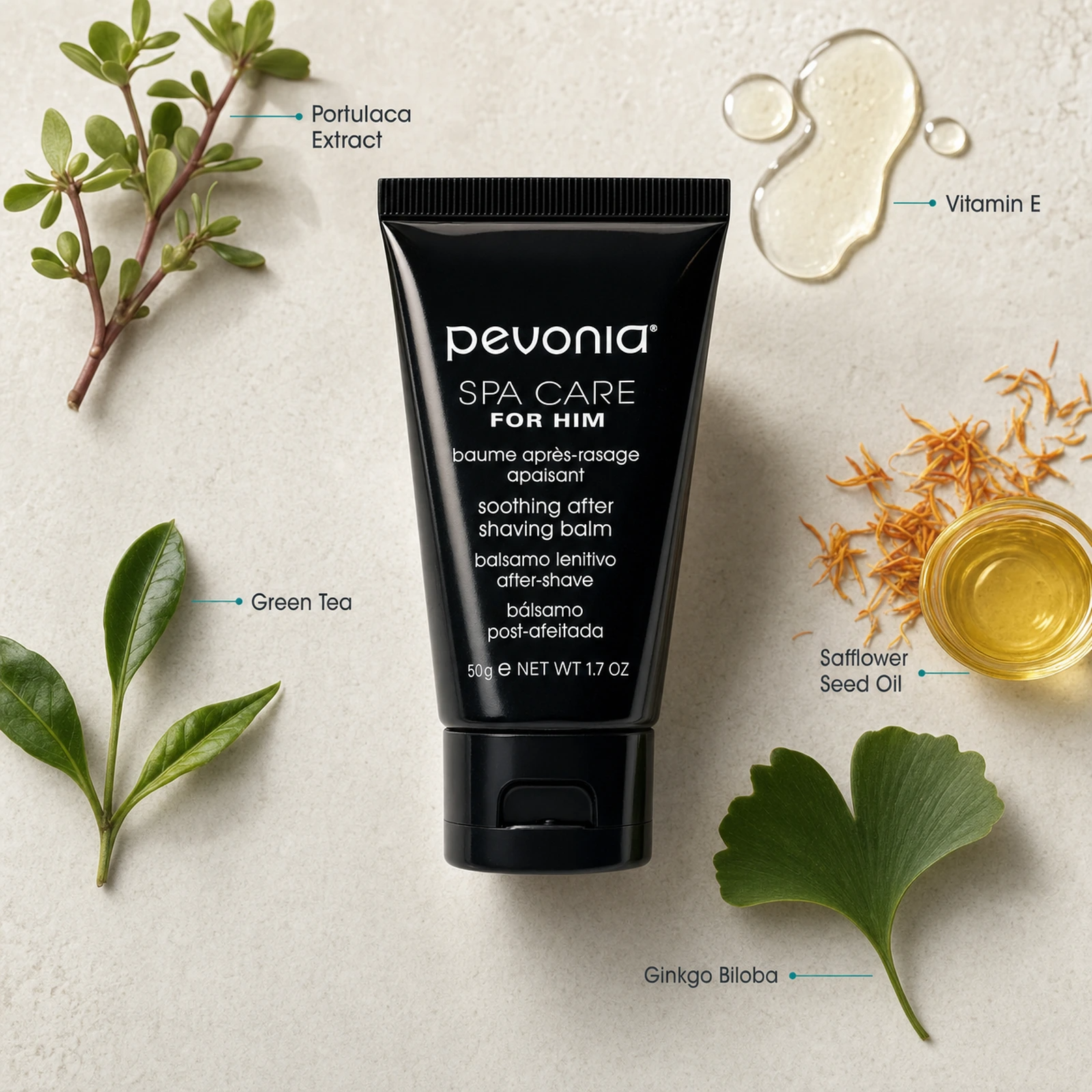 Pevonia Soothing After Shaving Balm 50ml ingredient flatlay with Portulaca Extract, Green Tea, Ginkgo Biloba, Safflower Seed Oil and Vitamin E