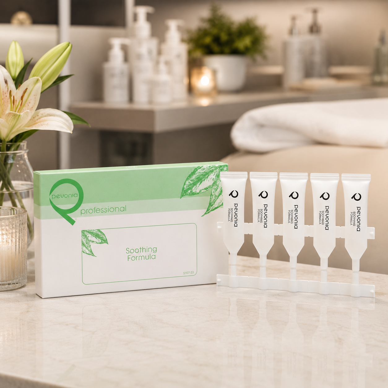 Pevonia Soothing Formula ampoules displayed in a luxury clinic treatment room for calming professional facial treatments.