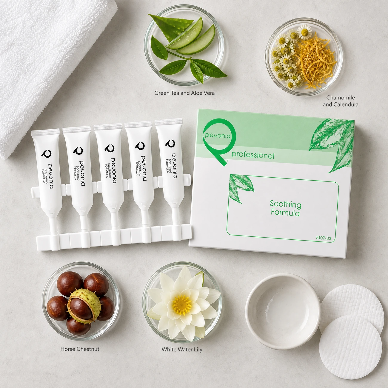 Pevonia Soothing Formula ingredients flatlay with Green Tea, Aloe Vera, Chamomile, Calendula, Horse Chestnut, and White Water Lily in clean glass petri dishes for professional B2B education.