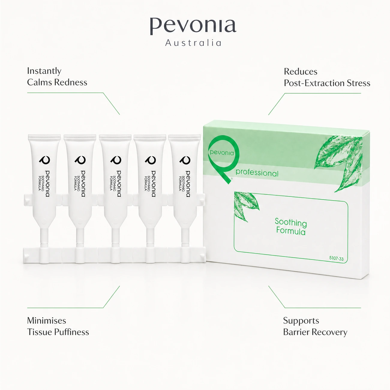 Pevonia Soothing Formula professional kit benefit callout image highlighting redness reduction, post-extraction soothing, puffiness reduction, and barrier recovery.