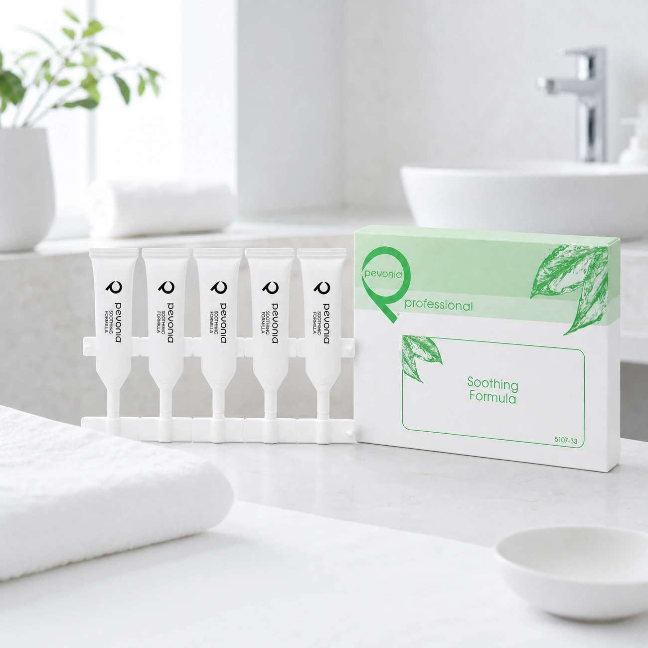 Pevonia Soothing Formula 5 x 5ml professional ampoule kit and box styled in a serene clinical spa treatment room for Beauty Collective Pro.