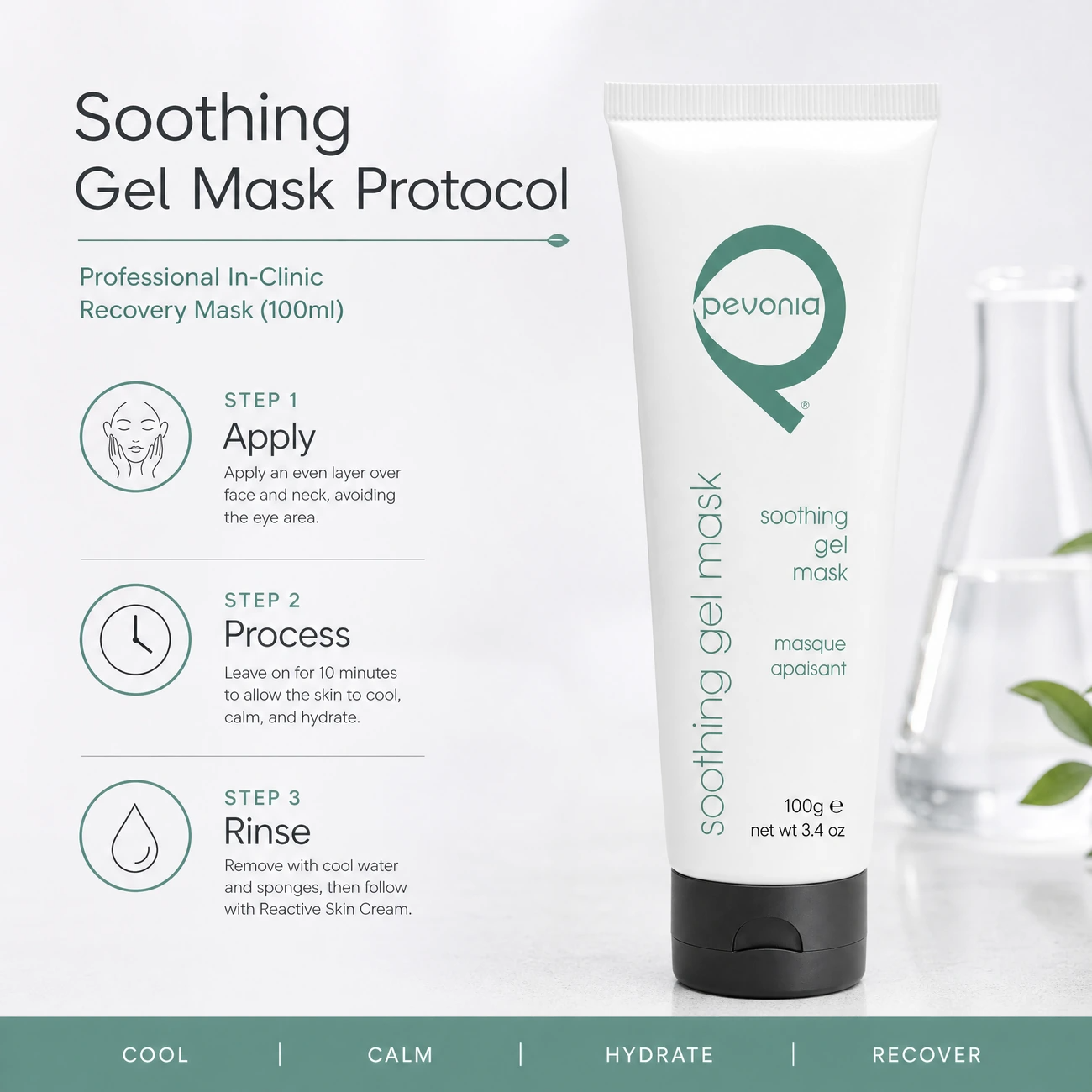 Pevonia Soothing Gel Mask 100ml clinic-use education image detailing the professional 3-step Apply, Process, and Rinse recovery protocol for salons, spas, and clinics.