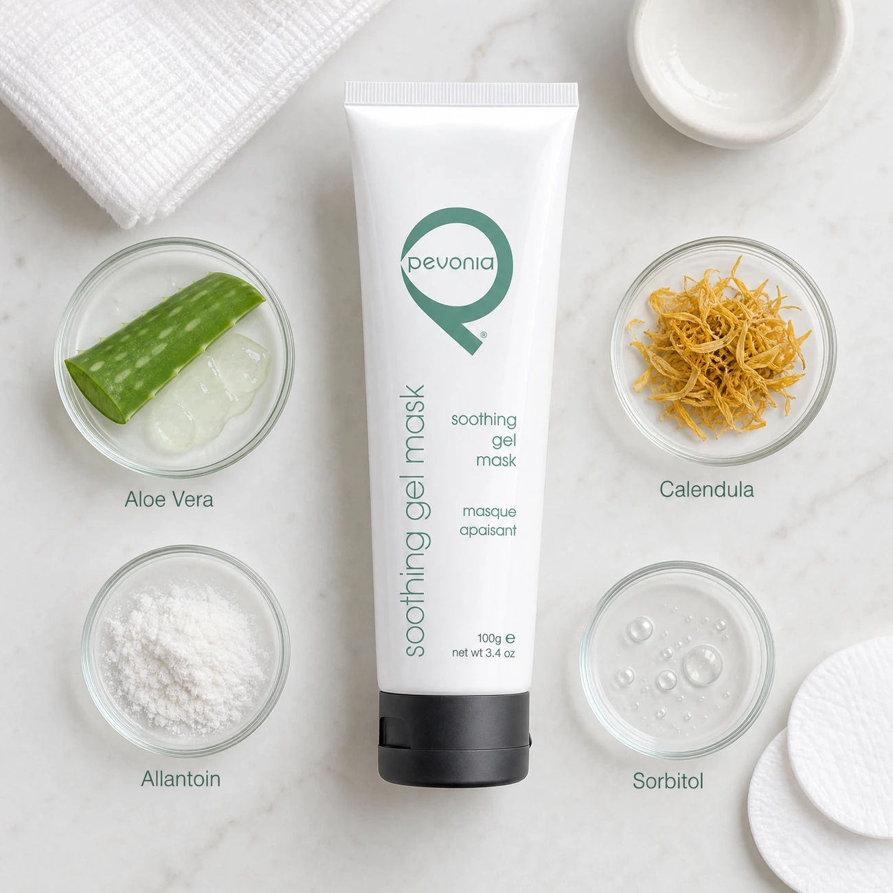 Pevonia Soothing Gel Mask 100ml ingredients flatlay with Aloe Vera, Calendula, Allantoin, and Sorbitol in clean glass petri dishes for professional B2B education.
