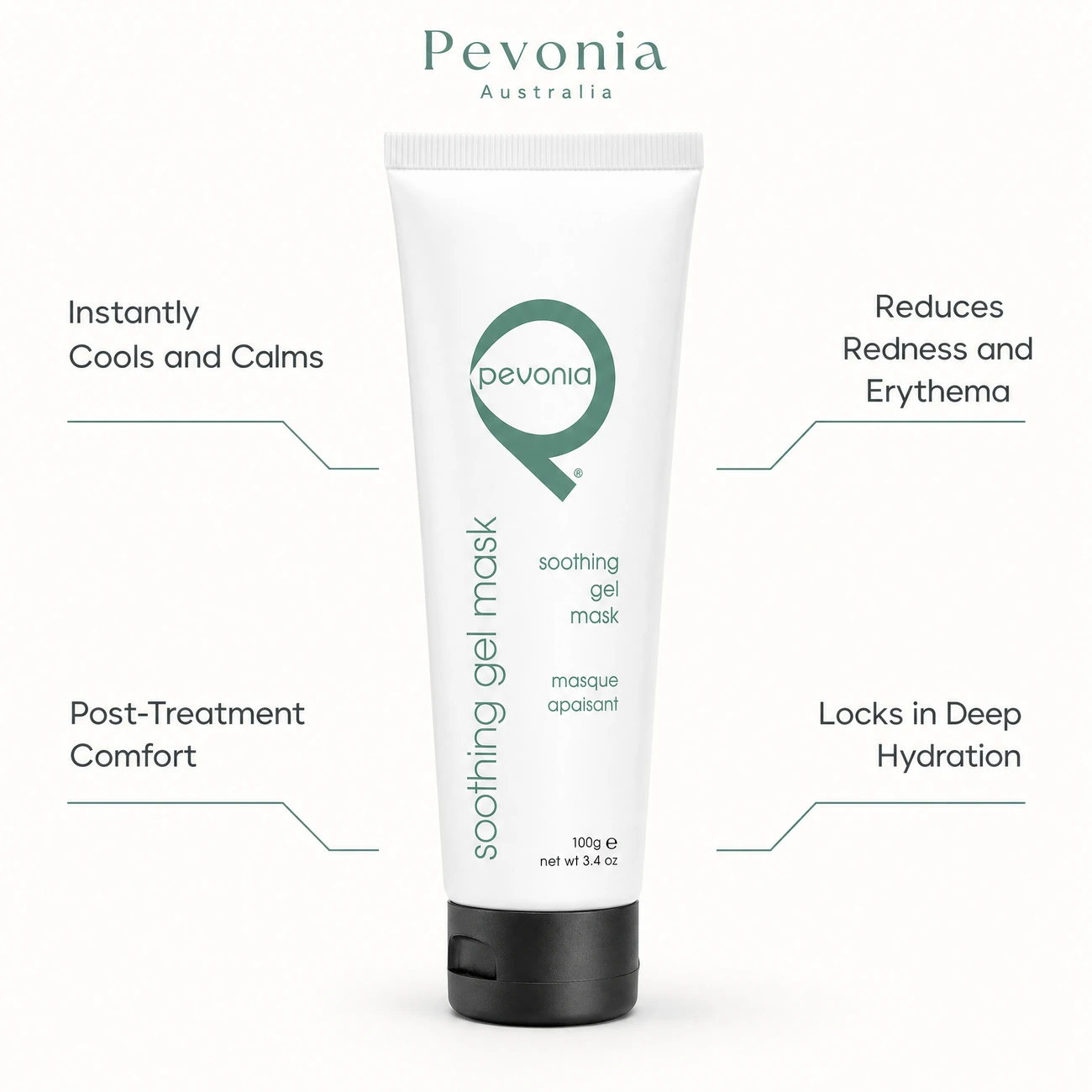 Pevonia Soothing Gel Mask 100ml benefit callout image highlighting instant cooling, redness reduction, post-treatment comfort, and moisture locking.
