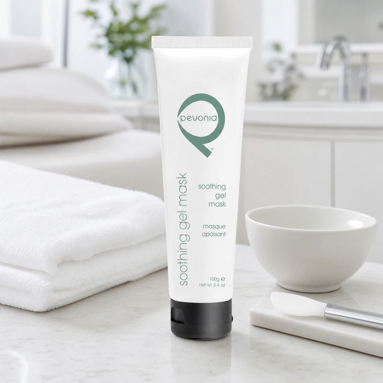 Pevonia Soothing Gel Mask 100ml professional white tube styled in a serene clinical spa treatment room for Beauty Collective Pro.