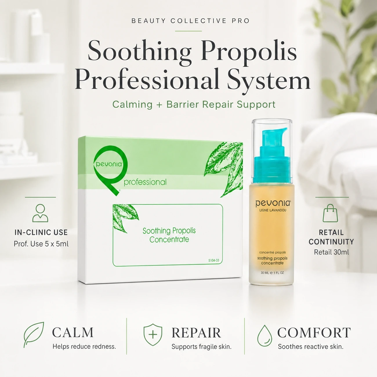 Pevonia Soothing Propolis Concentrate clinic-use education image for professional calming, repair and reactive skin support.