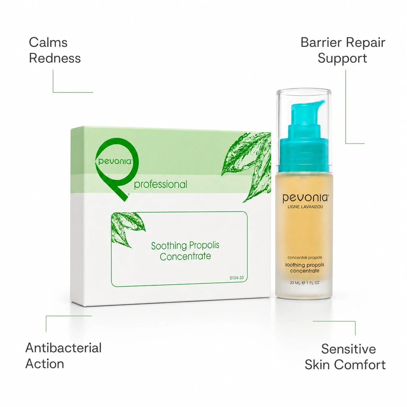 Pevonia Soothing Propolis Concentrate professional benefit callout image for calming redness, barrier repair and sensitive skin support in salons, spas and clinics.