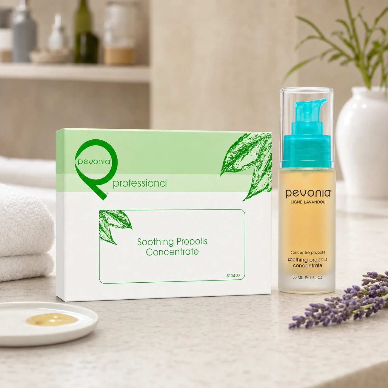 Pevonia Soothing Propolis Concentrate professional box and 30ml bottle styled in a clean clinic treatment setting for Beauty Collective Pro.