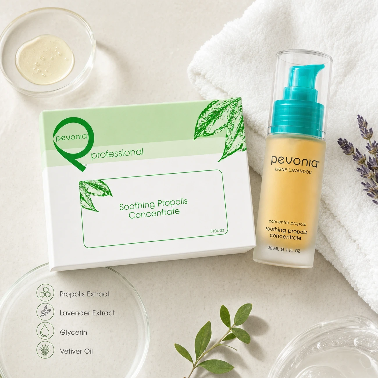 Pevonia Soothing Propolis Concentrate treatment-support flatlay with propolis, lavender, glycerin and vetiver references.