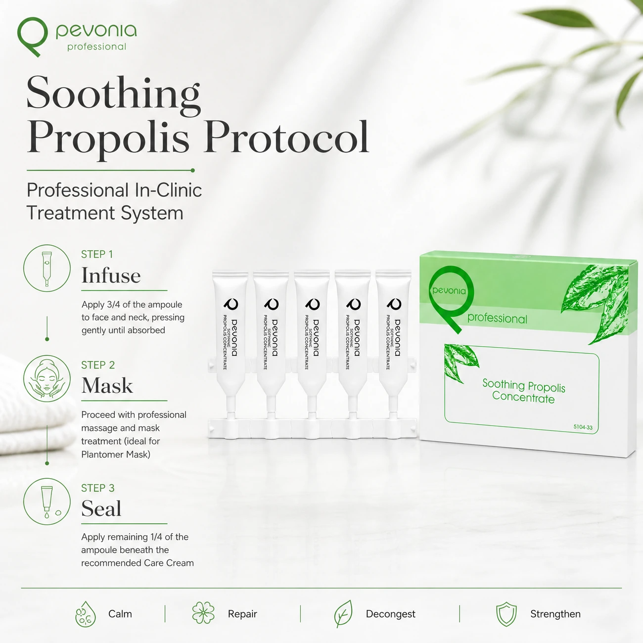 Pevonia Soothing Propolis Concentrate clinic-use education image detailing the professional 3-step Infuse, Mask, and Seal protocol for salons, spas, and clinics.