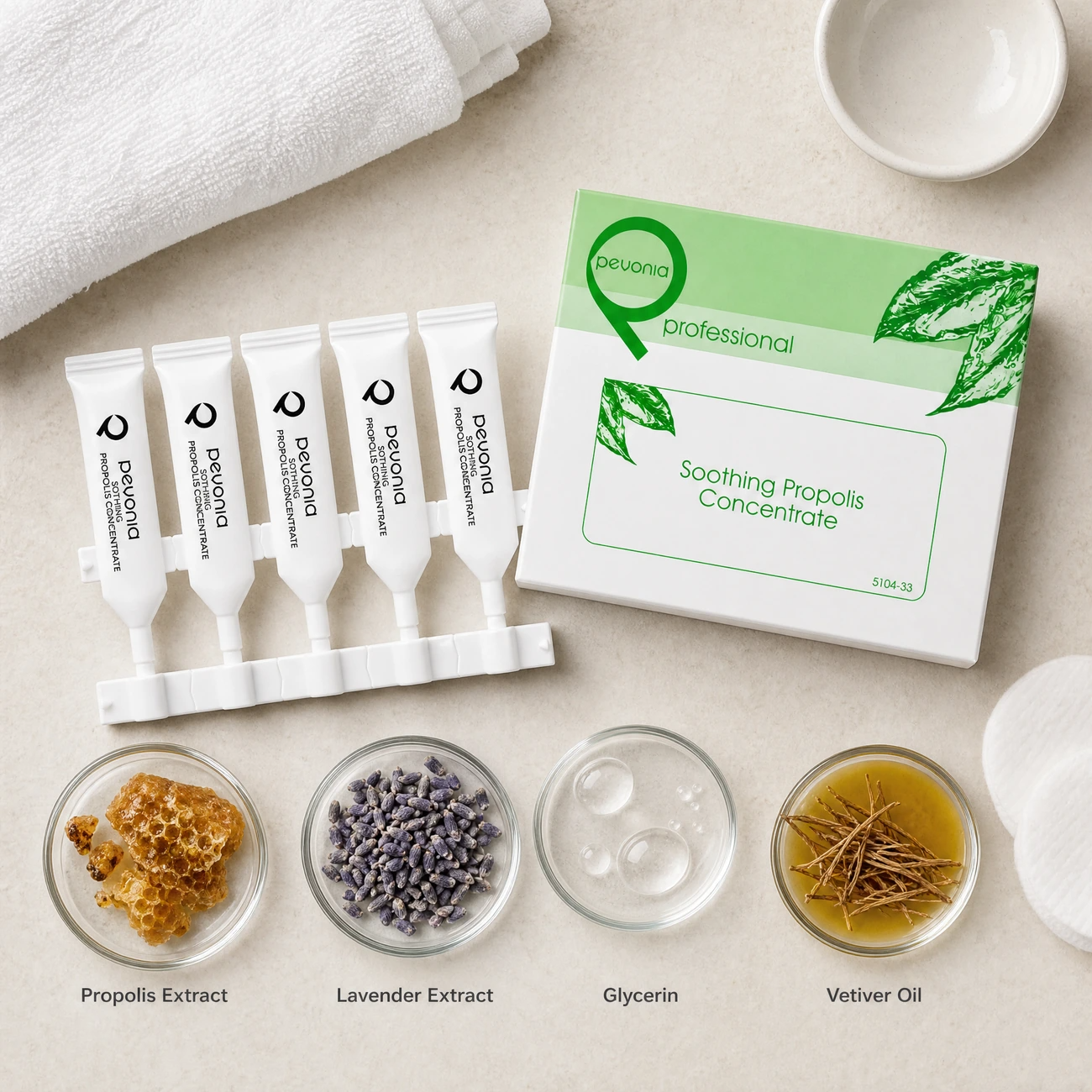 Pevonia Soothing Propolis Concentrate ingredients flatlay with French Jura Mountain propolis, lavender extract, glycerin, and vetiver oil in clean glass petri dishes for professional B2B education.
