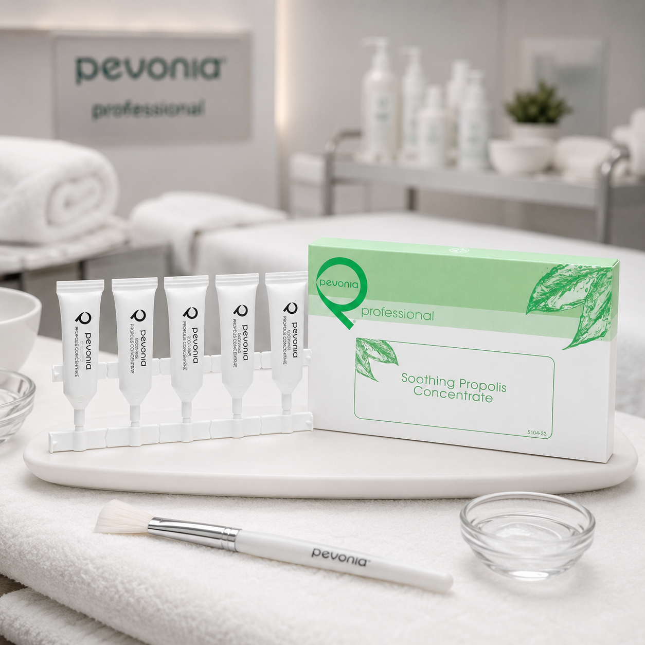 Pevonia Soothing Propolis Concentrate professional 5 x 5ml ampoules displayed in a beauty clinic treatment room with facial treatment accessories.