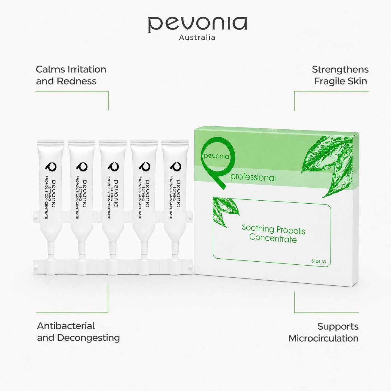 Pevonia Soothing Propolis Concentrate professional kit benefit callout image highlighting redness reduction, barrier repair, antibacterial action, and microcirculation support.