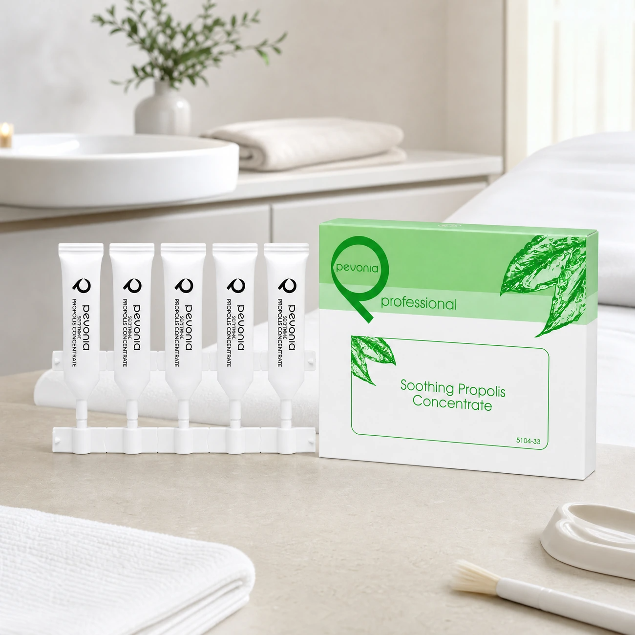 Pevonia Soothing Propolis Concentrate 5 x 5ml professional ampoule kit and box styled in a serene clinical spa treatment room for Beauty Collective Pro.