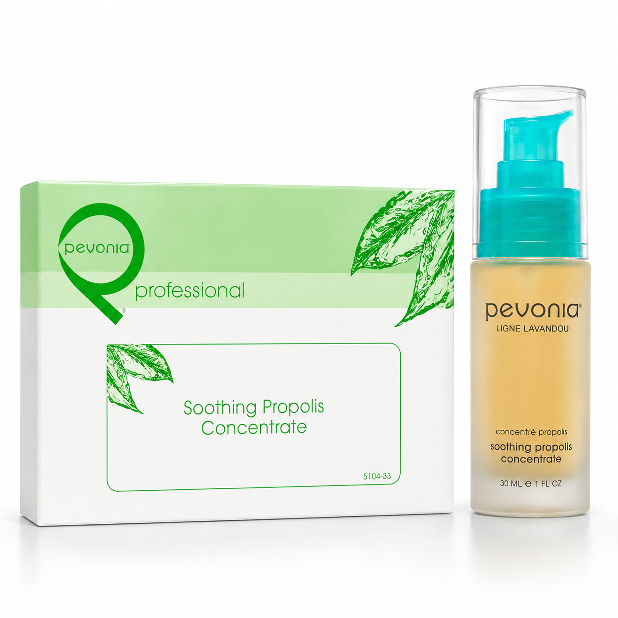 Pevonia Soothing Propolis Concentrate professional treatment box and retail serum bottle displayed on a clean white studio background.