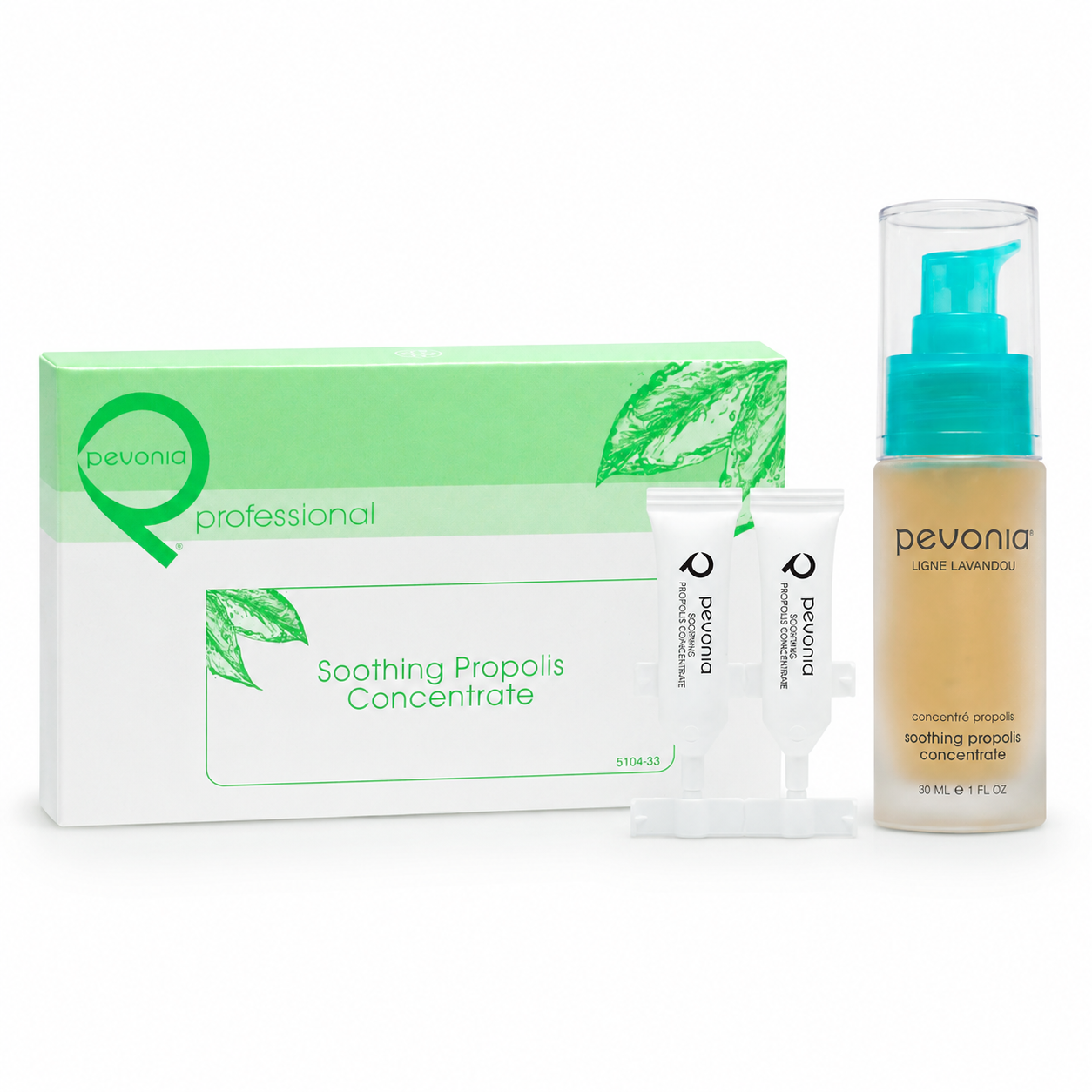 Pevonia Soothing Propolis Concentrate retail and professional ampoule duo image for sensitive or reactive skin, helping calm redness, repair irritation and strengthen fragile skin.
