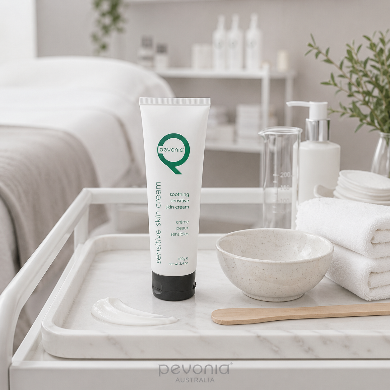 Pevonia Soothing Sensitive Skin Cream 100g professional sensitive skin treatment cream displayed on facial treatment tray with bowl spatula towels and clinical spa setting for calming and barrier support in salon treatments