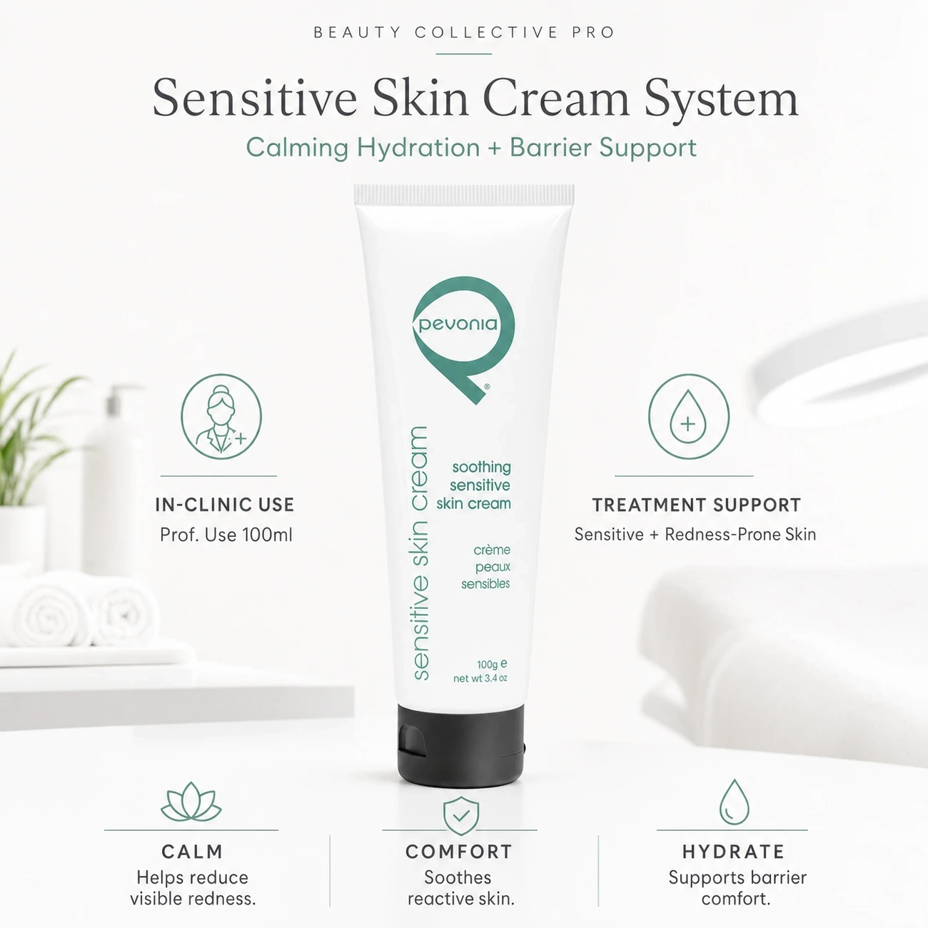 Pevonia Soothing Sensitive Skin Cream 100ml clinic-use education image for professional calming, redness and sensitive skin barrier support.