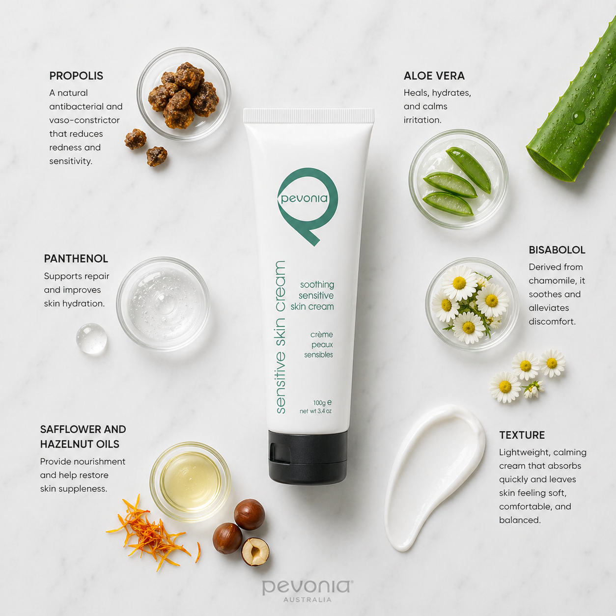 Pevonia Soothing Sensitive Skin Cream 100ml professional tube ingredient and texture flatlay featuring propolis, aloe vera, bisabolol, panthenol, and safflower and hazelnut oils for calming and restoring sensitive skin