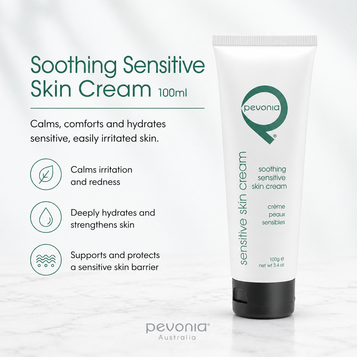 Pevonia Soothing Sensitive Skin Cream 100ml professional tube showing calming hydration and barrier support benefits for sensitive skin