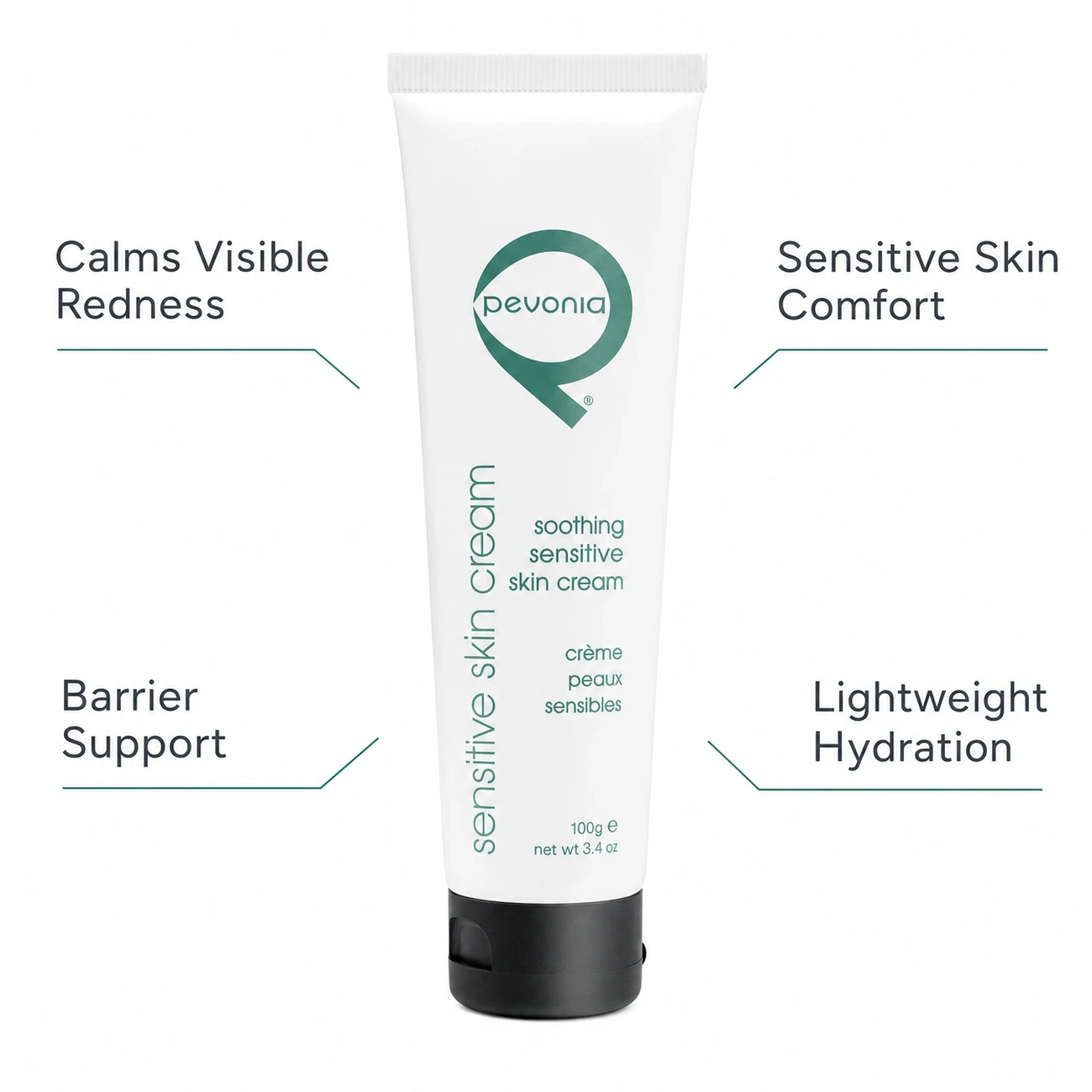 Pevonia Soothing Sensitive Skin Cream 100ml professional benefit callout image for redness, sensitivity, barrier support and hydration in salons, spas and clinics.