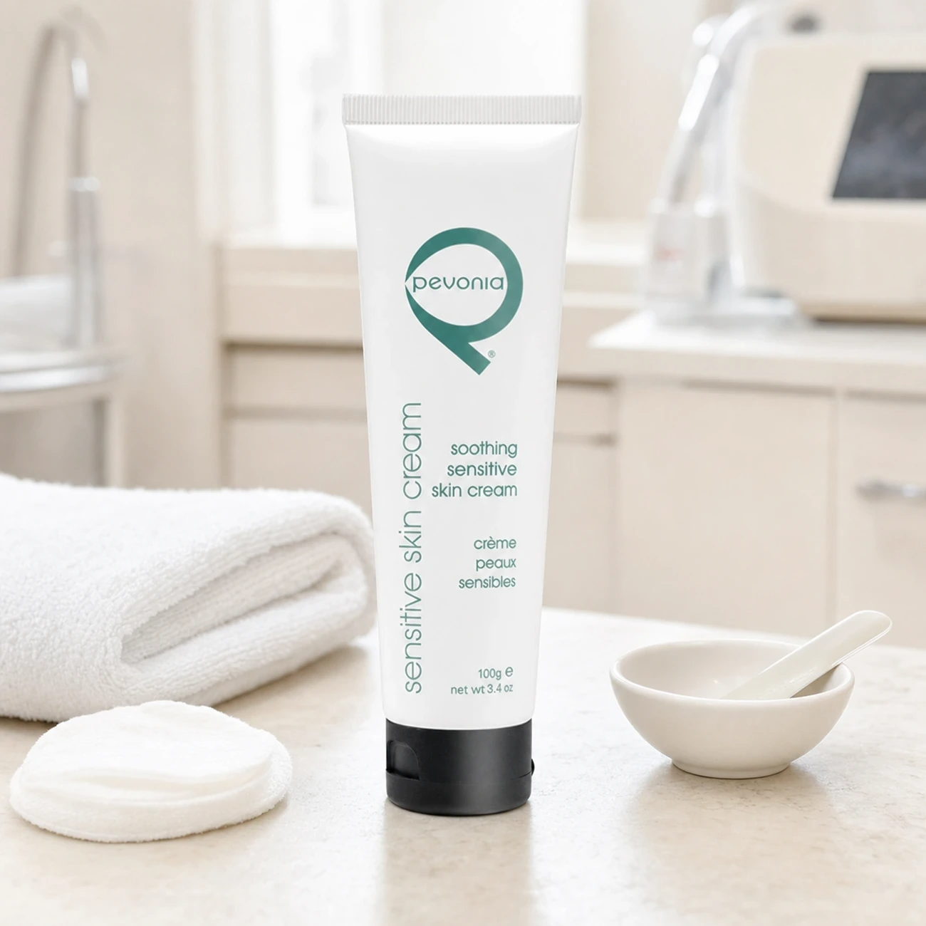Pevonia Soothing Sensitive Skin Cream 100ml professional tube styled in a clean clinic treatment setting for Beauty Collective Pro.