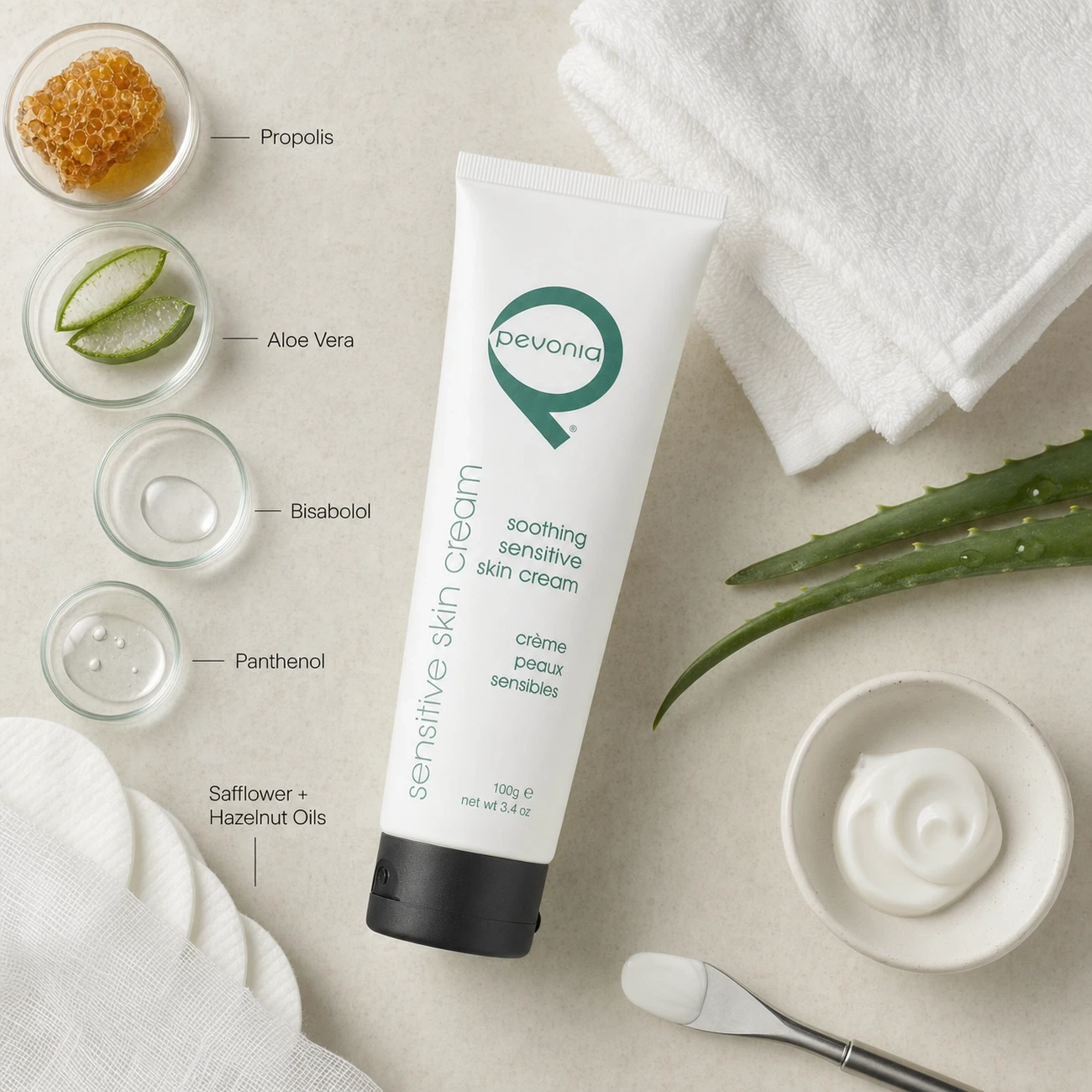 Pevonia Soothing Sensitive Skin Cream 100ml professional benefit callout image for redness, sensitivity, barrier support and hydration in salons, spas and clinics.