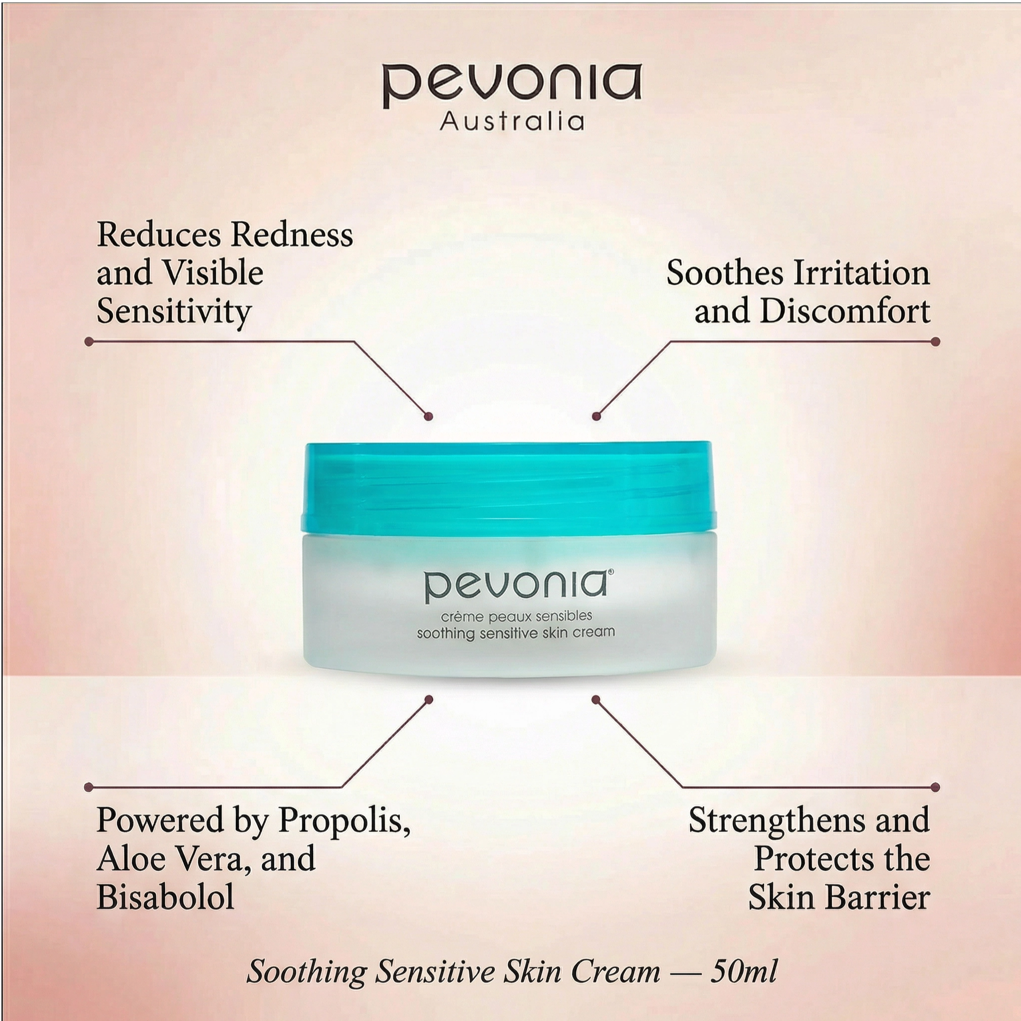 Pevonia Soothing Sensitive Cream 50g. Fro treatment of sensitive cream. jar with text highlighting benefits.
