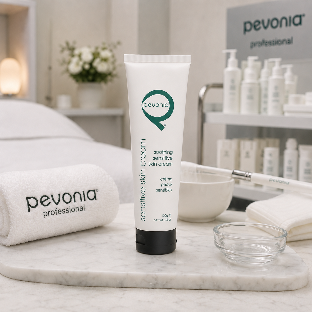 Pevonia Soothing Sensitive Skin Cream professional 100g tube displayed in a professional beauty clinic treatment room with facial treatment accessories.
