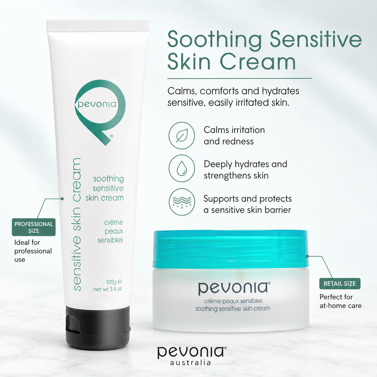 Pevonia Soothing Sensitive Skin Cream professional 100g and retail 50g sizes shown with calming hydration and barrier support benefits for sensitive skin