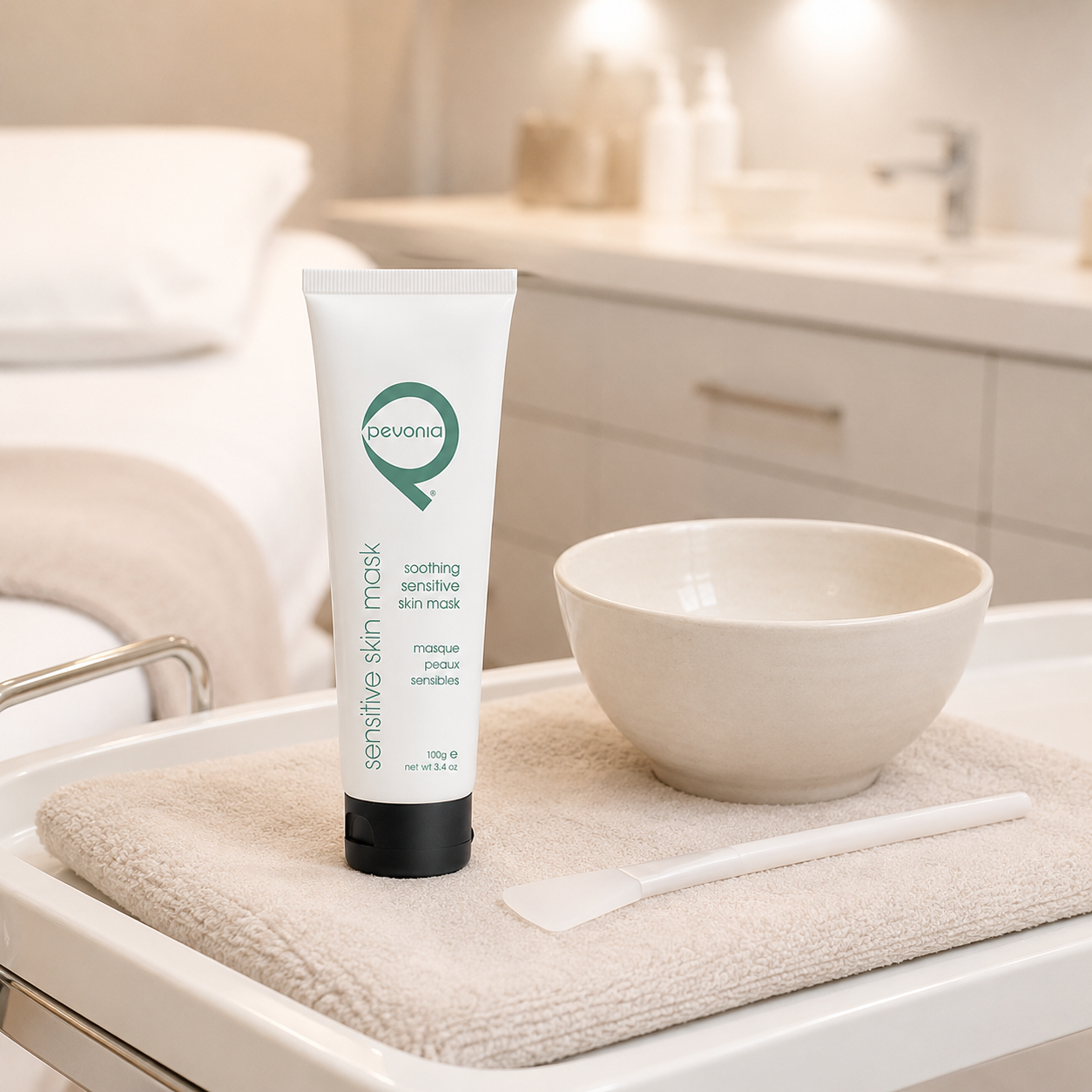Pevonia Soothing Sensitive Skin Mask 100g tube displayed on a therapist trolley in a day spa facial treatment room with unbranded mask treatment accessories.