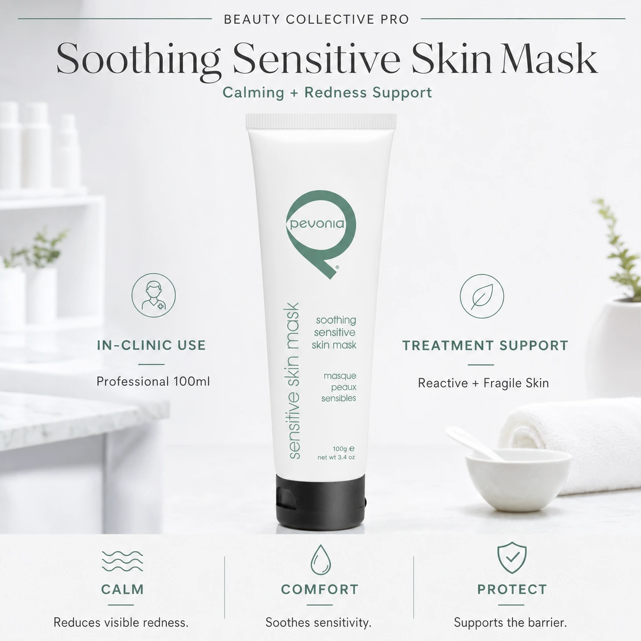 Pevonia Soothing Sensitive Skin Mask 100ml clinic-use education image for professional calming, redness reduction and sensitive skin barrier support.