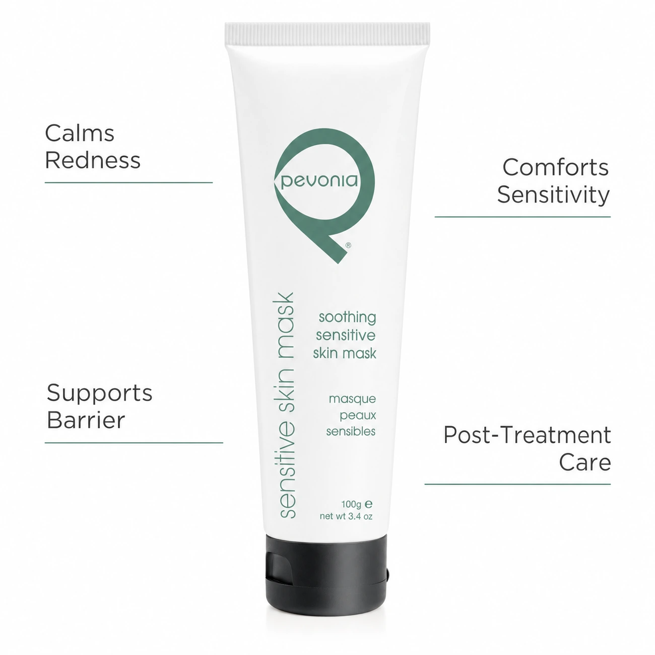 Pevonia Soothing Sensitive Skin Mask 100ml professional benefit callout image for redness, sensitivity, barrier comfort and post-treatment care in salons, spas and clinics.