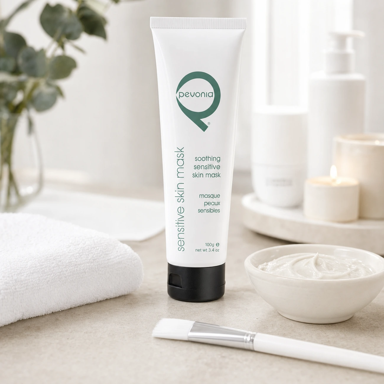 Pevonia Soothing Sensitive Skin Mask 100ml professional tube styled in a clean clinic treatment setting for Beauty Collective Pro.