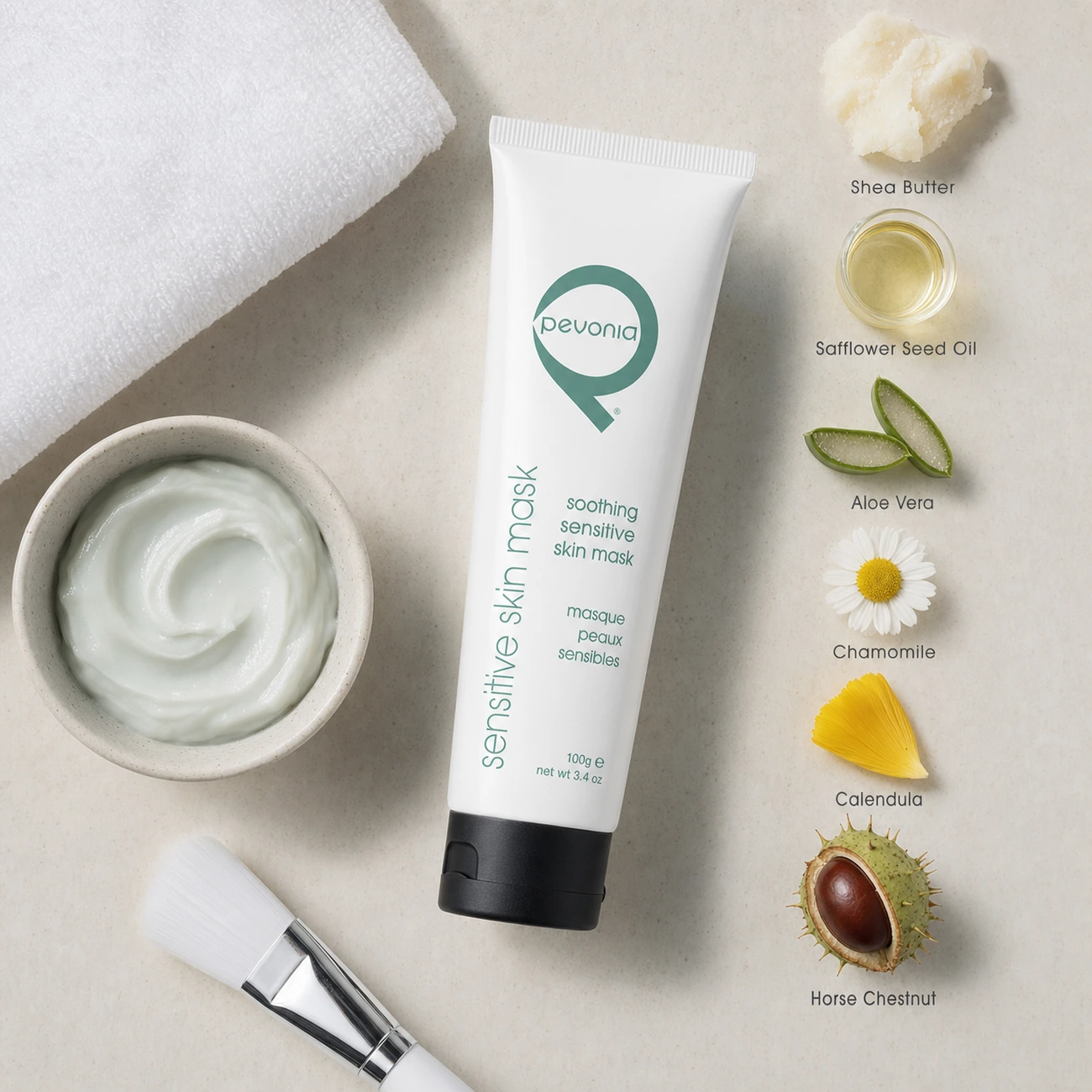 Pevonia Soothing Sensitive Skin Mask 100ml treatment-support flatlay with shea butter, safflower seed oil, aloe vera, chamomile, calendula and horse chestnut references.