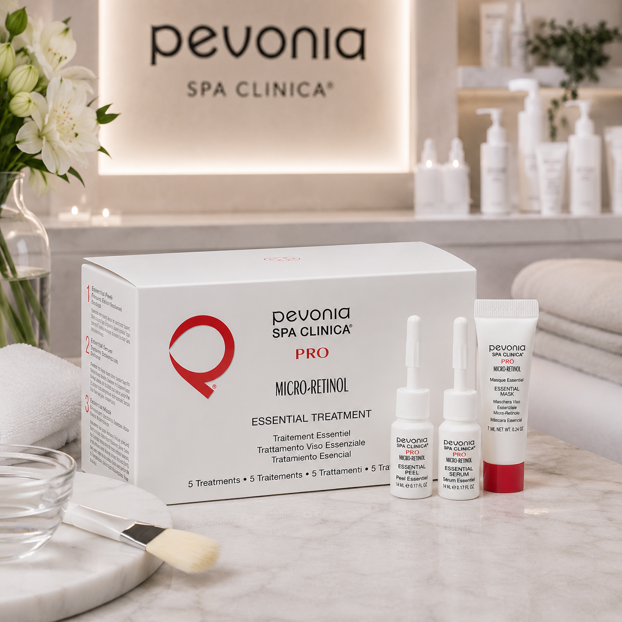 Pevonia Spa Clinica Micro-Retinol Essential Treatment set displayed in a luxury clinic treatment room for renewing professional facial treatments.