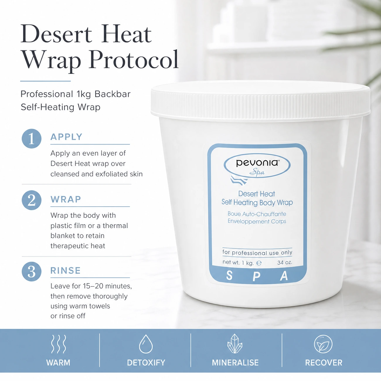 Pevonia Spa Desert Heat Self-Heating Body Wrap 1kg clinic-use education image detailing the professional 3-step Apply, Wrap, and Rinse thermal body wrap protocol.
