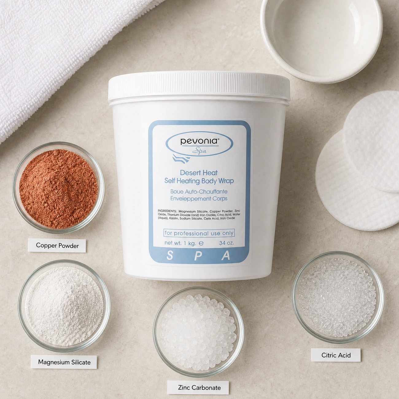 Pevonia Spa Desert Heat Self-Heating Body Wrap 1kg ingredients flatlay with copper powder, magnesium silicate, zinc carbonate, and citric acid in clean glass petri dishes for professional B2B education.