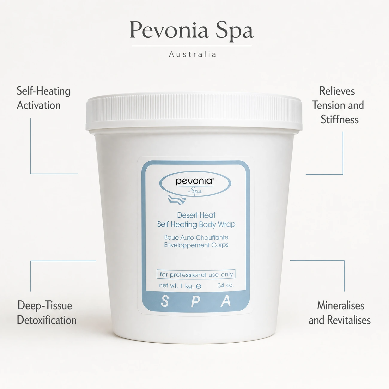 Pevonia Spa Desert Heat Self-Heating Body Wrap 1kg benefit callout image highlighting self-heating action, muscle tension relief, deep detoxification, and mineral revitalisation.